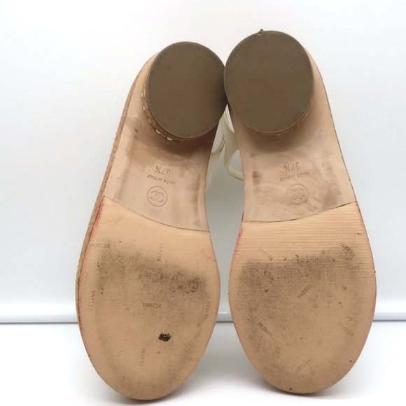 CHANEL CORK PLATFORM SANDALS CREAM CHAIN-TRIM LEATHER SIZE 37.5 CC ANKLE STRAP - Picture 11 of 12